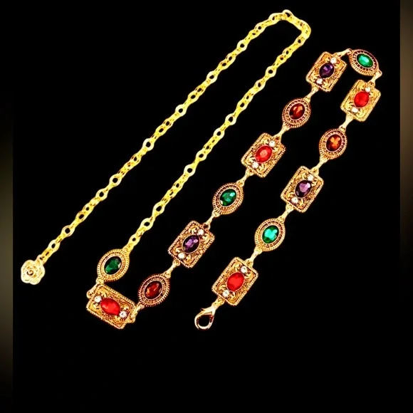 Multi-Color Gemstone Gold Tone Waist Chain Belt | Boho Bridal Festival Statement - Picture 2 of 5